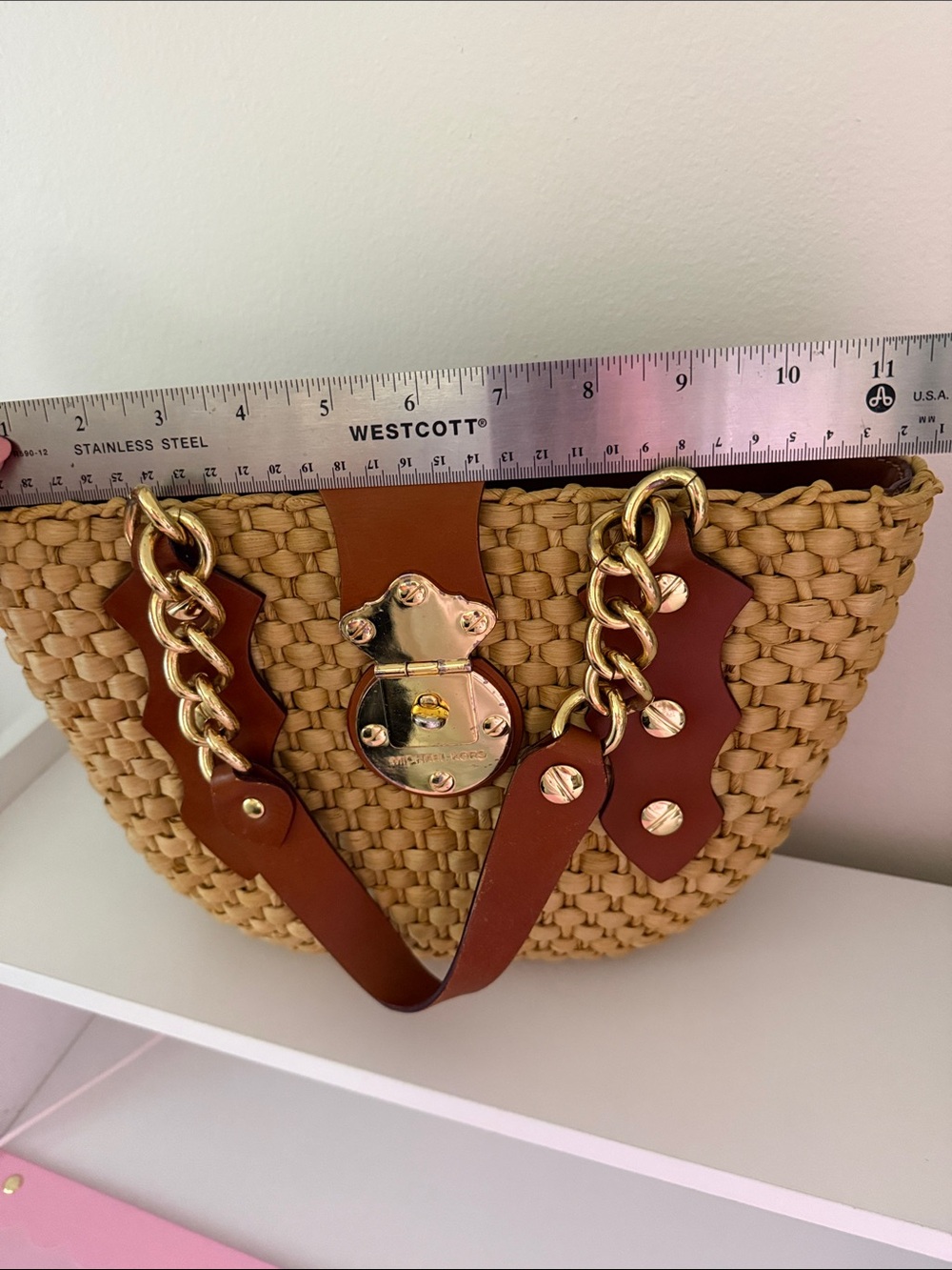 Michael Kors Tan Woven Straw Tote with Brown Leather & Gold Hardware - Picture 7 of 12